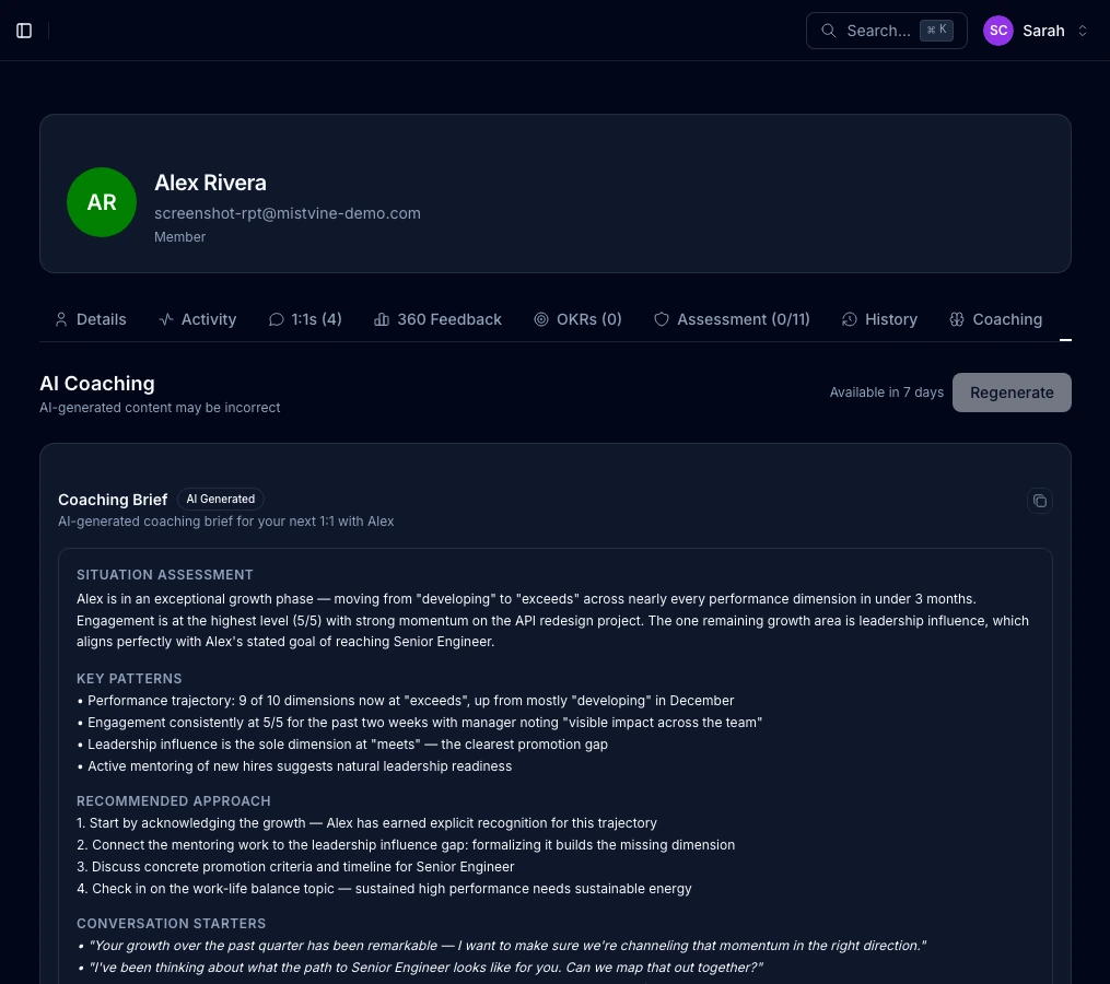 AI coaching insights panel showing personalized development suggestions for a direct report