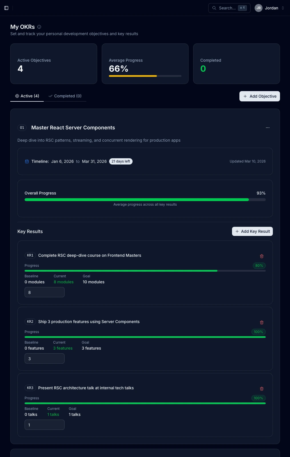 Individual OKR view showing personal objectives with key result progress bars and completion percentages