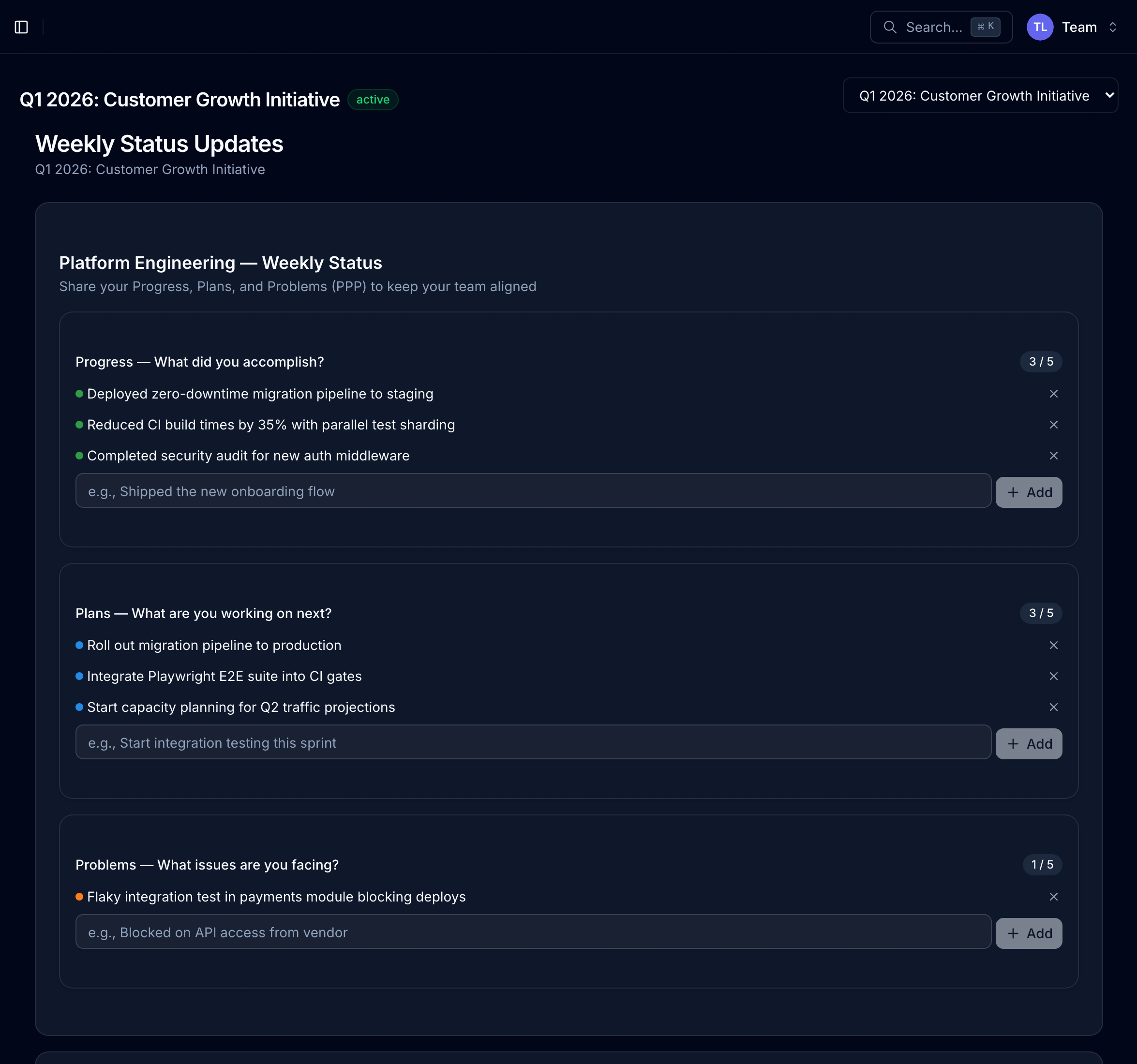 PPP weekly status entry form showing progress, plans, and problems fields
