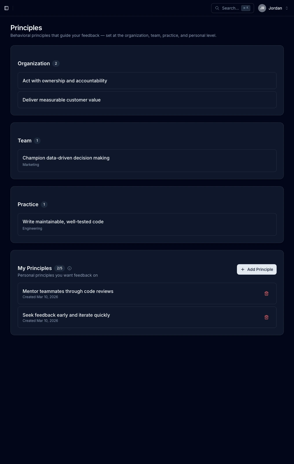 Principles page showing organization, team, practice, and personal behavioral principles