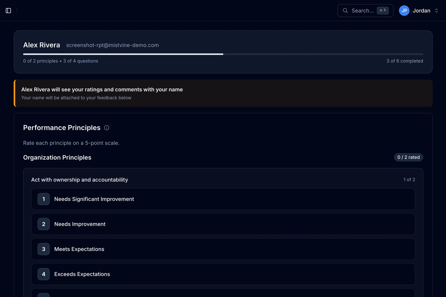 360 feedback form with performance principles and Likert scale ratings
