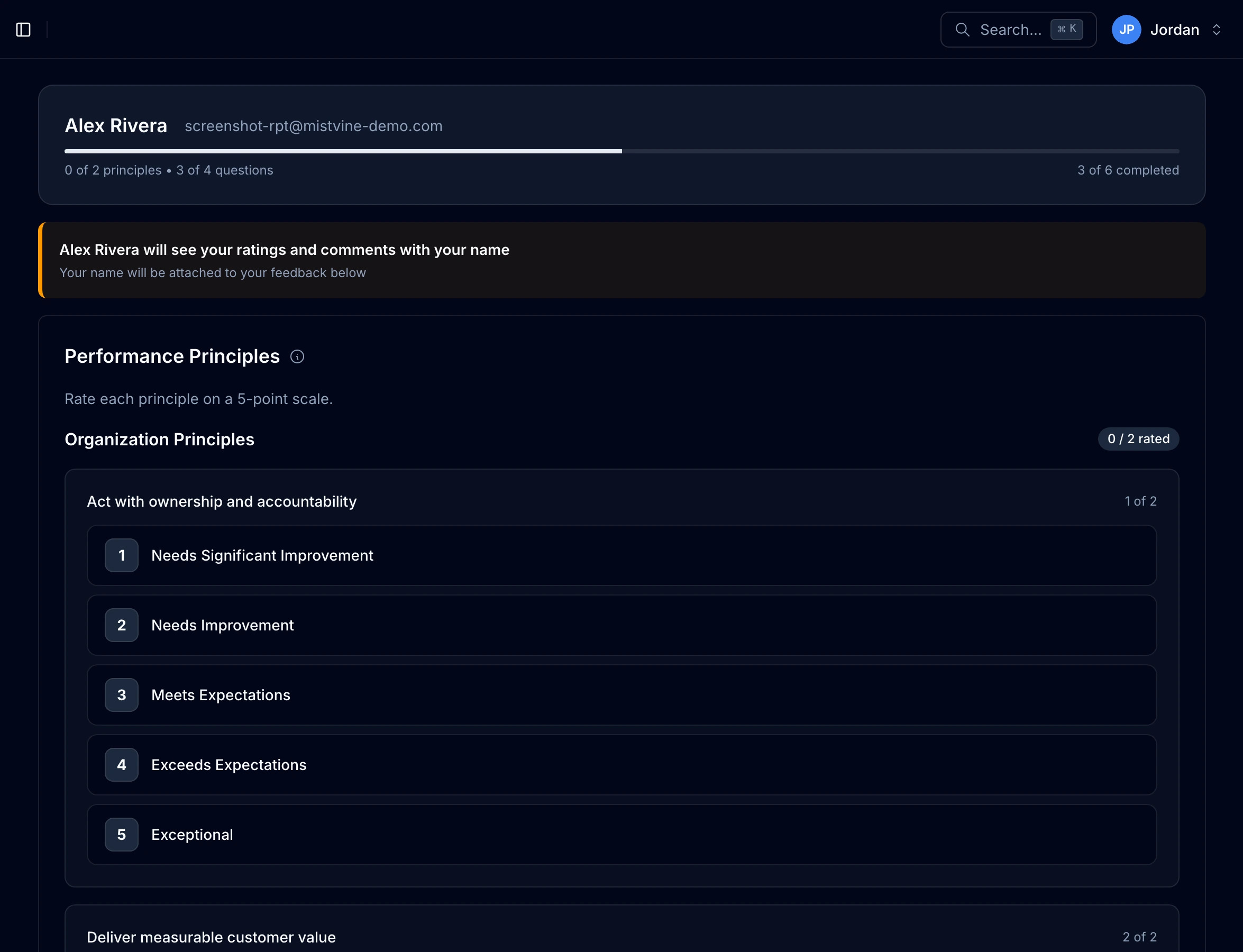 360 feedback form with performance principles and Likert scale ratings