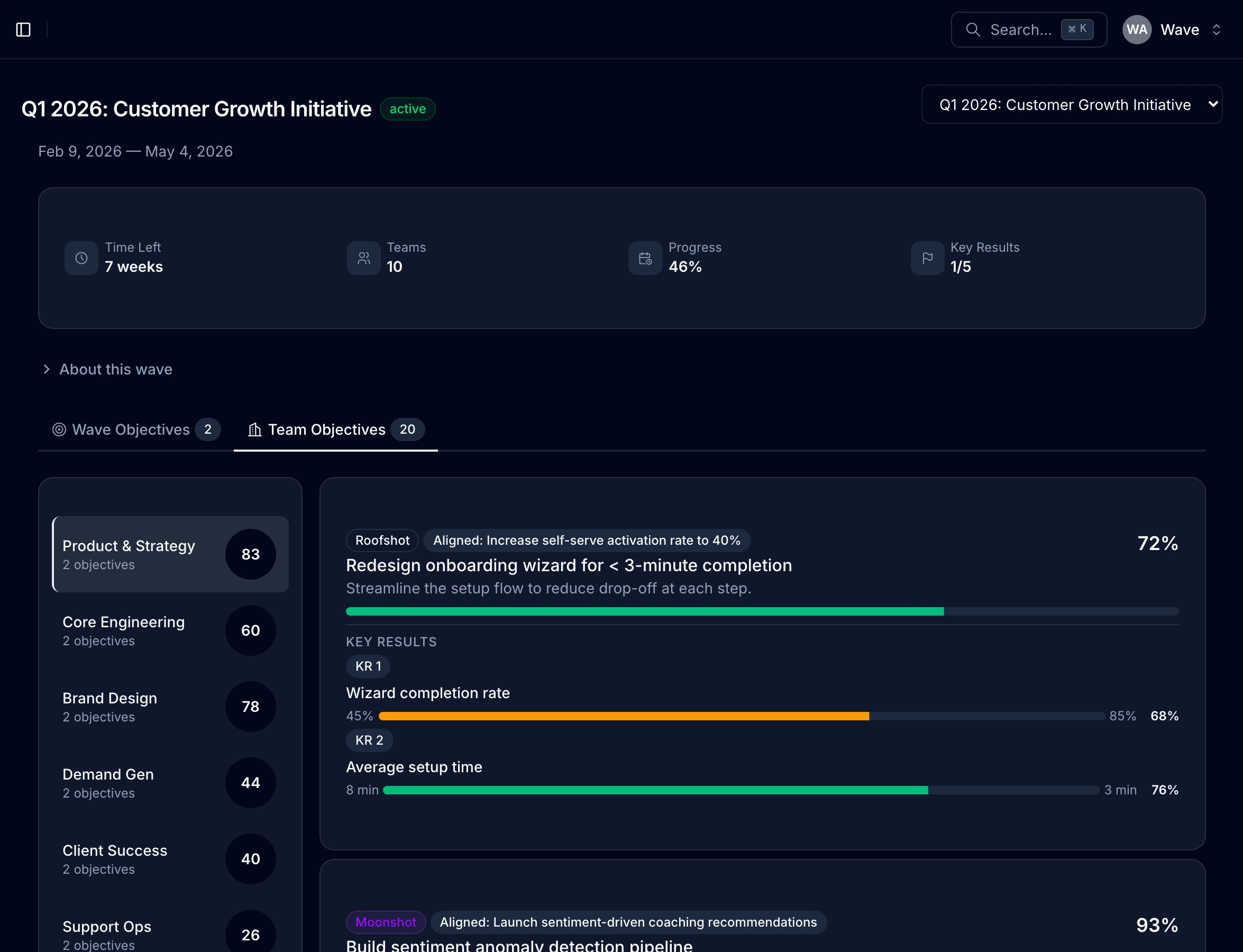 Team objectives view showing team list with scores and aligned key results with progress tracking
