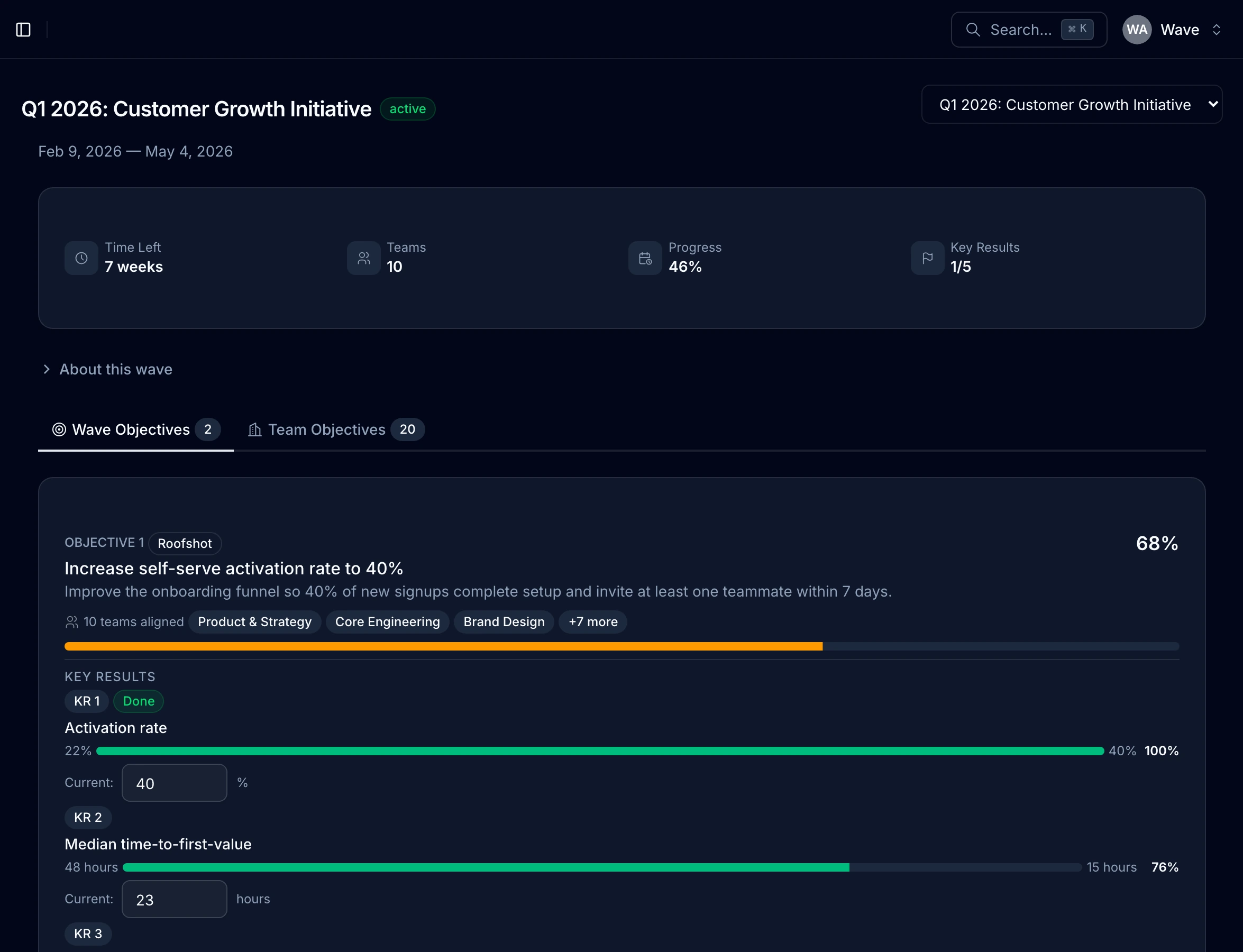 Wave objectives view showing org-level goals with progress bars, aligned teams, and key results